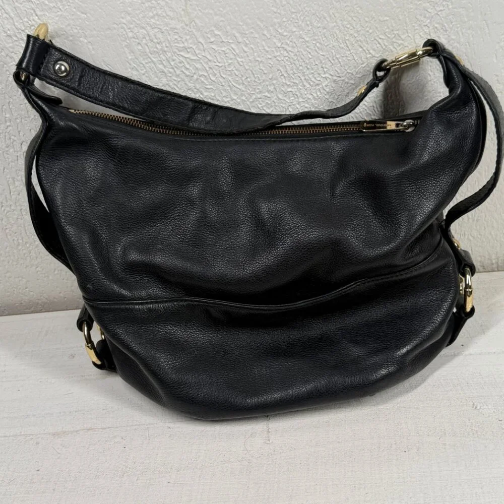 Michael Kors Black Leather Hobo Shoulder Bag Gold MK Logo Zip Top Medium